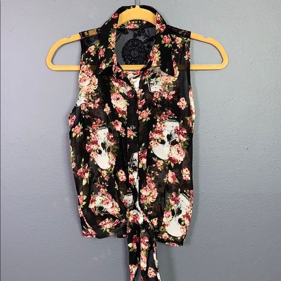 Tops - Sheer Rose and Skull Button Up Sleeveless Blouse S